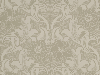 Dahlia Scroll - French Grey beige behang met een klassiek design van bloemen en krullen van Little Greene