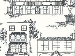 Hampstead - Ink wit behang van Little Greene met daarop in het zwart verschillende stijlen huizen getekend