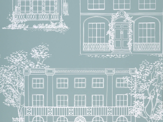 Hampstead - Penumbra is een behang met blauw/groene kleur en tekeningen van verschillende stijlen huizen in het wit