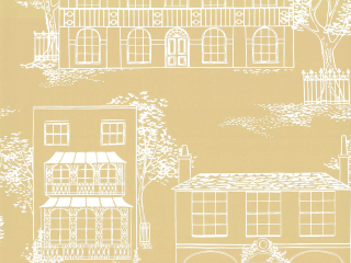 Geel behang Hampstead - Yellow Apple met tekeningen van witte landhuizen 