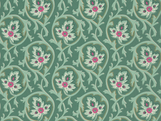 Behang met een groen/blauw kleur en een patroon van krullen en bloemen met kleine fel roze accenten Hoja - Pleat