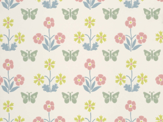 Beige behang Burges Butterfly - Slaked Lime met groene vlinders en kleurrijke bloemen van roze, geel en blauw