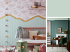 Little Greene - Aquamarine Mid 284 op een houten lambrisering met een golvend patroon in een kinderkamer