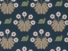 Donkerblauw behang met groene slakken met tussendoor bloemen met witte bladen en een roze hart Burges Snail - Dark Blue