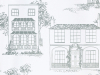 Hampstead - Glass behnag van Little Greene met getekende huizen en sierlijke bomen 