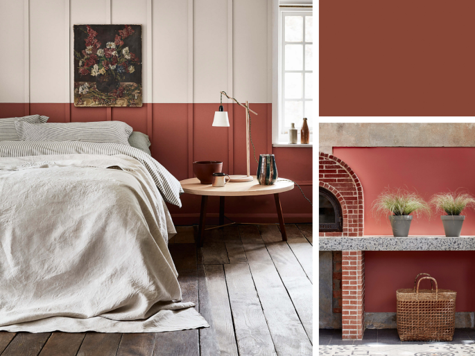 Little Greene - Tuscan Red 140 achter het bed als een lambrisering van verf