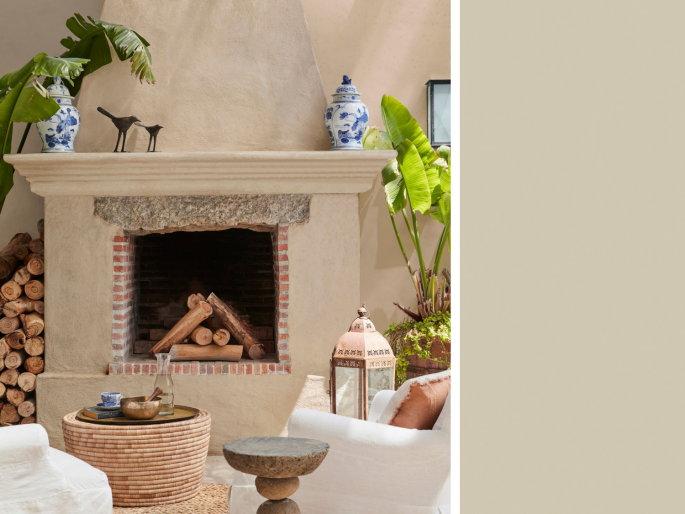 Little Greene - Rolling Fog 143 op de schouw in de tuin