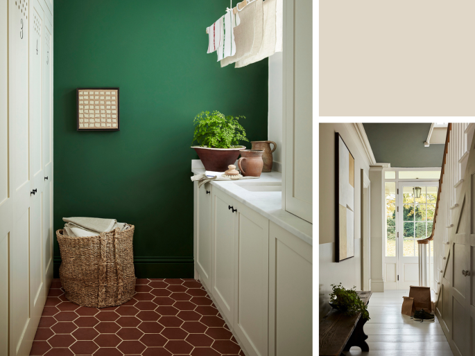 Little Greene - Portland Stone Light 281 in de hal toegepast op het houtwerk