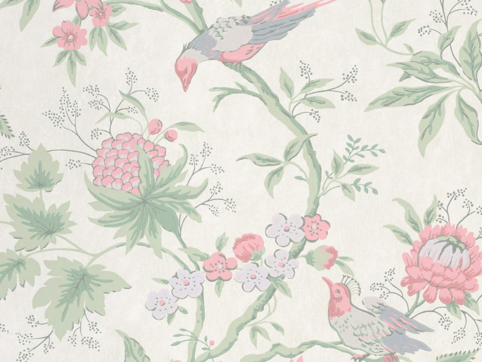Little Greene behang Brooke House - Linen met lila en roze gekleurde vogels en bloemen