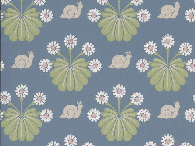 Burges Snail - Juniper diep blauw behang met dieren en bloemen van Little Greene 