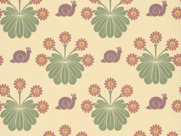 Vrolijk en kleurrijk behang met paarse slakken en groene bladeren Burges Snail - Travertine