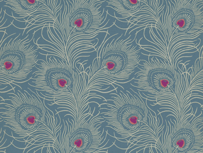 Diep blauw behang met pauwveren en roze details Carlton House Terrace - Blue Plume