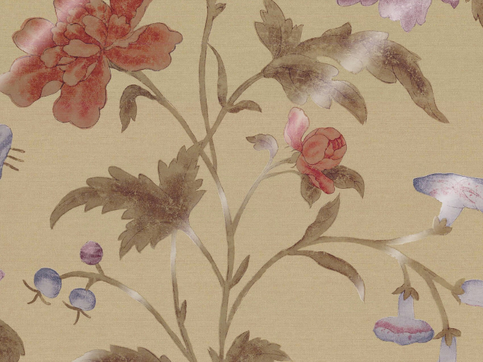 Beige behang met grote kleurrijke bloemen China Rose - Bronze van Little Greene