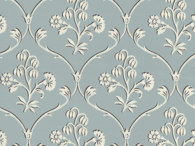 Blauw behang met beige krullen en bloemen Cranford - Sky Blue van Little Greene