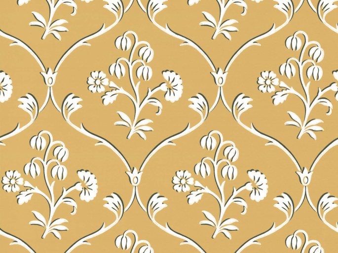 Cranford - Wheat behang van Little Greene in de kleur Okergeel met witte krullen en bloemen