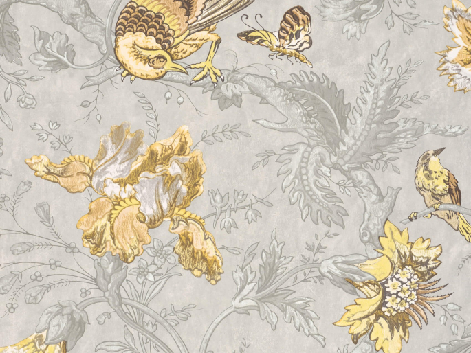 Little Greene behang Crowe Hall Lane - Gilt met gele vogels en bloemen