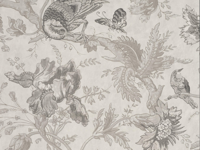 Grijs behang met vogels en bloemen Crowe Hall Lane - Nuage van Little Greene