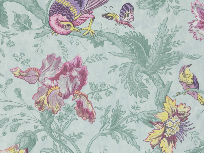 Kleurrijk behang met blauwe achtergrond met daarop roze en paarse vogels Crowe Hall Lane - Punch van Little Greene