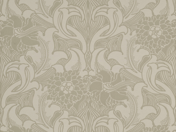 Dahlia Scroll - French Grey beige behang met een klassiek design van bloemen en krullen van Little Greene