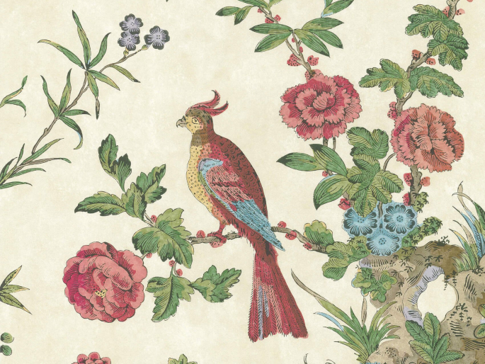 Darwin - Provence behang van Little Greene met rode en blauwen bloemen met grote gekleurde vogels