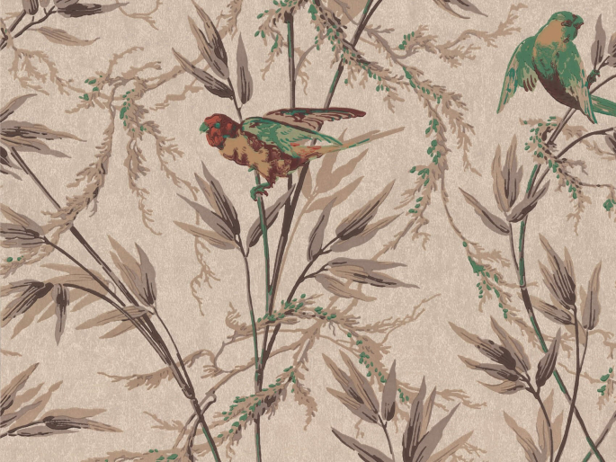 Lcicht bruin behang met taupe kleurige siergrassen en donkergroene vogels Great Ormond Street - Cappuccino