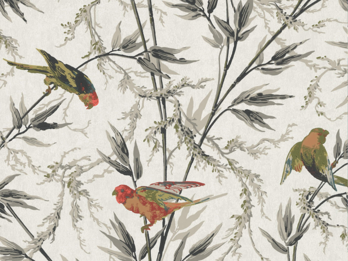 Great Ormond Street - Signature behang met grijstinten en groene en oranje vogels