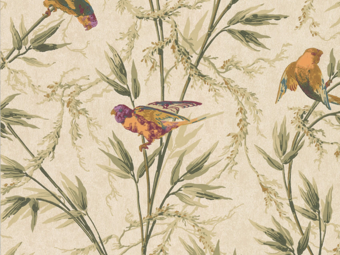 Great Ormond Street - Stable behang van Little Greene met paarse en oranje vogels