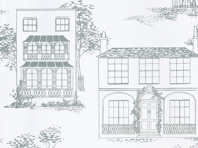 Hampstead - Glass behnag van Little Greene met getekende huizen en sierlijke bomen 