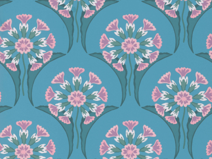 Hencroft - Azure een blauw behang met licht roze kleine bloemen