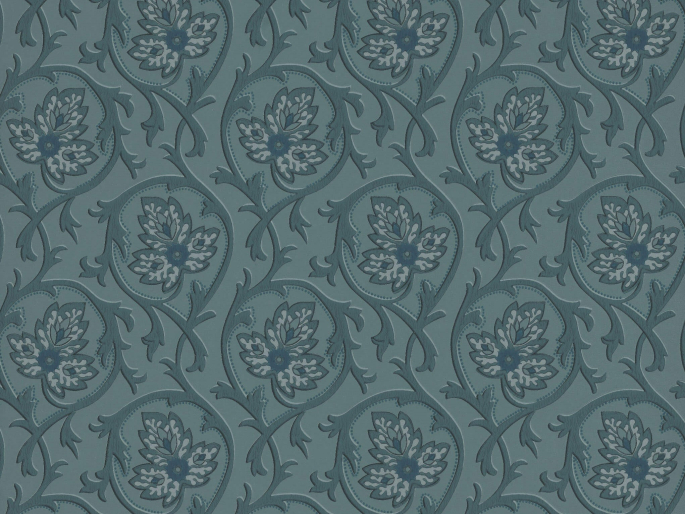 Hoja - Air Force Blue behnag van Little Greene met sierlijke krullen en bloemen