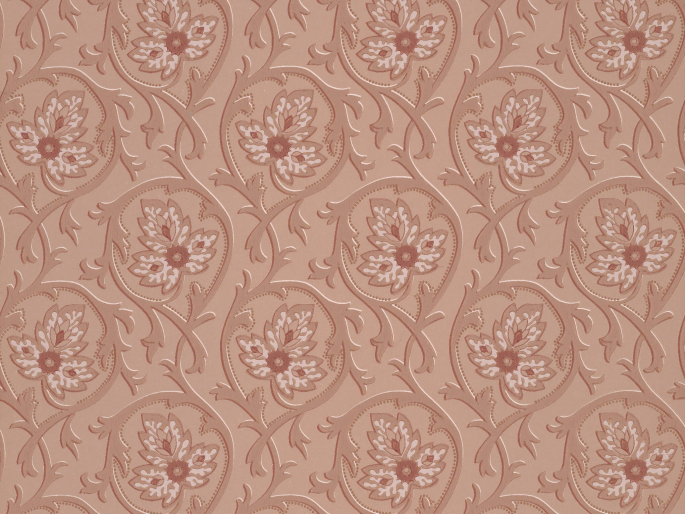 Roze behang van Little Greene met een patroen van sierlijke krullen en grote bladeren Hoja - Hellebore