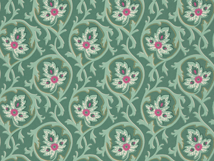 Behang met een groen/blauw kleur en een patroon van krullen en bloemen met kleine fel roze accenten Hoja - Pleat