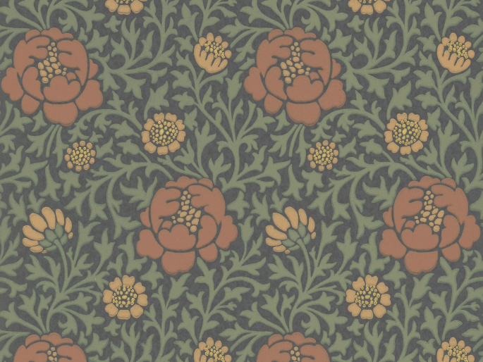 Donker behang met groene bladeren en oranje bloemen Lansdowne Walk - Ash van Little Greene