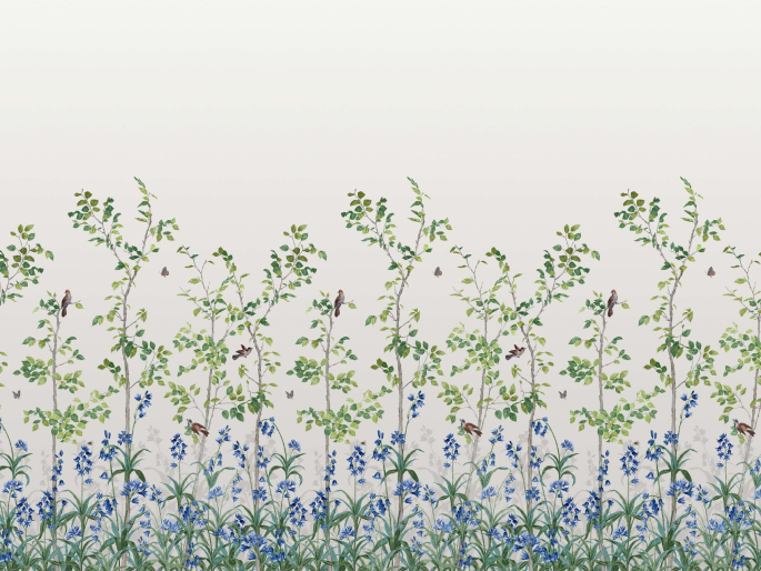 Bird & Bluebell - Ceviche behang met witte achtergrond en blauwe bloemen van Little Greene