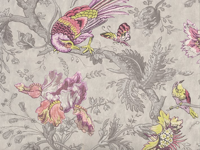 Crowe Hall Lane - Charme vogelbehang van Little Greene met paarse en roze accenten