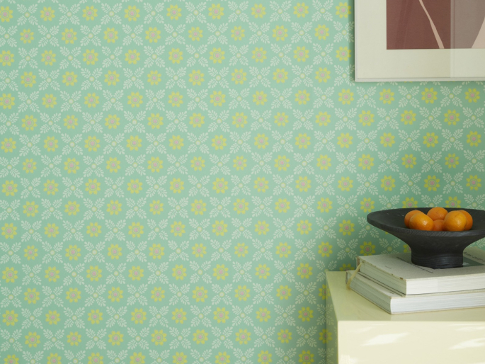 Ditsy Block - Green Verditer behang van Little Greene op de muur