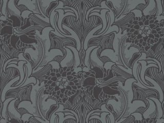 Little Greene behang met rijke versiering van bloemen en krullen in het diepblauw Dahlia Scroll - Etruria