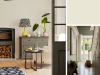 Little Greene - Portland Stone Pale 155 op de wand met een houtkachel en witte stoel