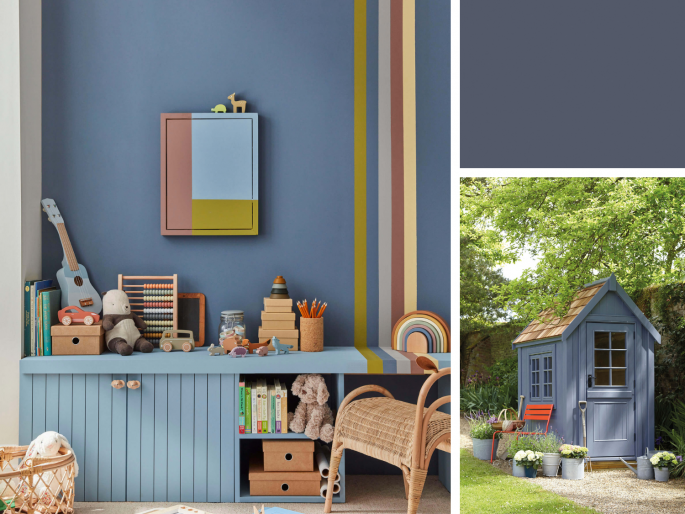 Little Greene - Juniper Ash 115 op de wand en tuinhuis