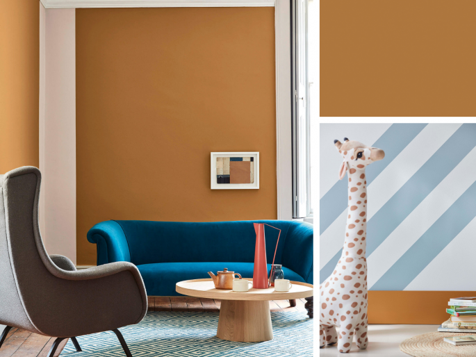 Little Greene - Middle Buff 122 een diep oranje kleur op de muren en plinten