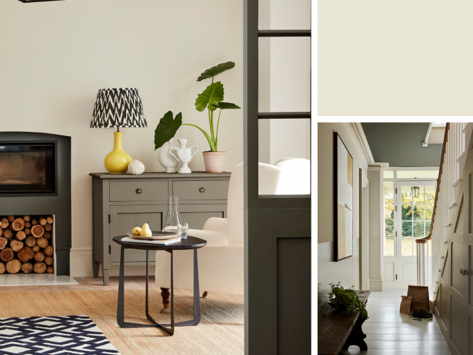 Little Greene - Portland Stone Pale 155 op de wand met een houtkachel en witte stoel