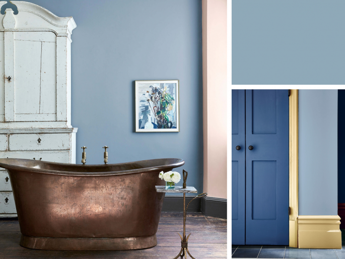 Little Greene - Grey Stone 276 in de badkamer op de muur met een grote witte kast en koperkleurige badkuip