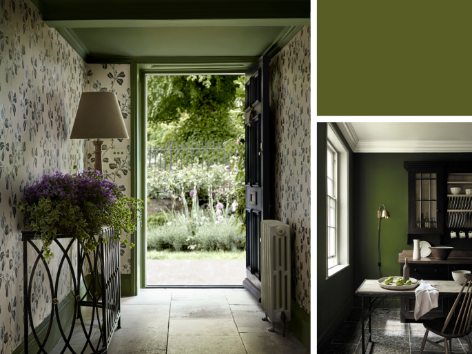 Little Greene - Jewel Beetle 303 op het plafond geschilderd in gang en hal