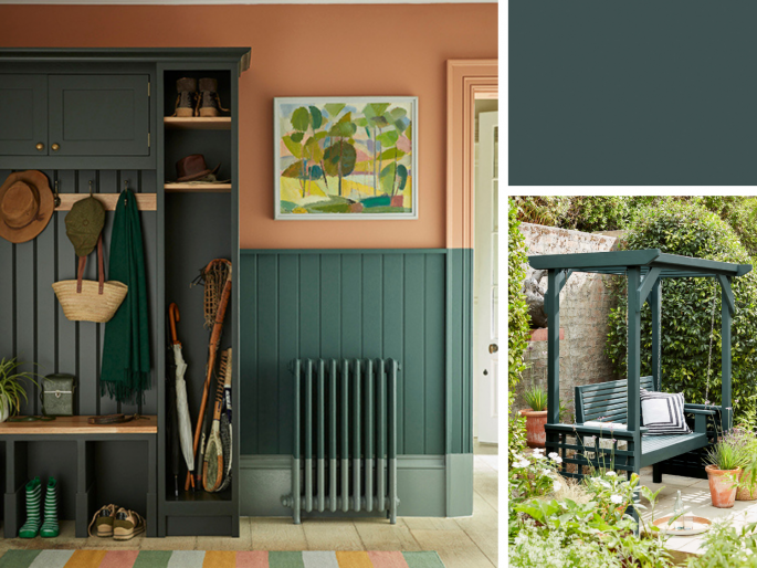 Little Greene - Harley Green 312 op tuinbank en lambrisering
