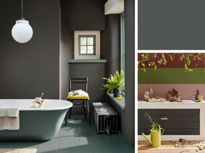 Little Greene - Vulcan 324 op de muur en het plafond in een ruime badkamer