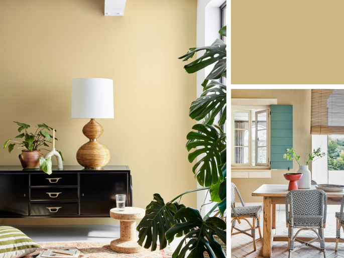 Little Greene - Bath Stone 64 in huis op verschillende wanden met meubels ervoor