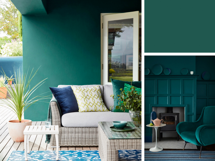 Little Greene - Mid Azure Green 96 op een hoge lambrisering met rechthoekige vakken