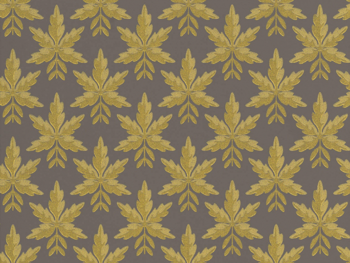 Little Greene Clutterbuck - Corinthian Gold behang met goudkleurige bladeren en een bruine achtergrond
