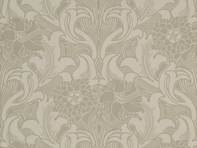 Dahlia Scroll - French Grey beige behang met een klassiek design van bloemen en krullen van Little Greene