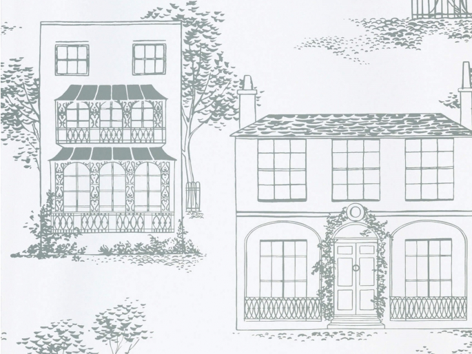 Hampstead - Glass behnag van Little Greene met getekende huizen en sierlijke bomen 